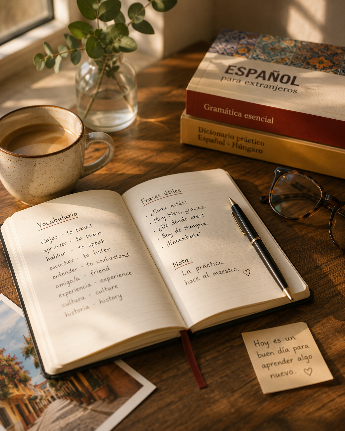 Spanischlehrbücher und ein Notizbuch auf einem Tisch
